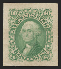 68P2a, 10c Green, Panama-Pacific small die proof on wove, large even margins, bright color, small corner crease, very fine only three to five examples exist 1986 PF
certificate.