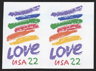 2143a, 22c Love, imperforate, lovely horizontal pair, with very large margins, o.g., n.h., extremely fine according to Datz only fifteen fully imperforate pairs exist, several
of which have faults, however this pair is totally fault free an