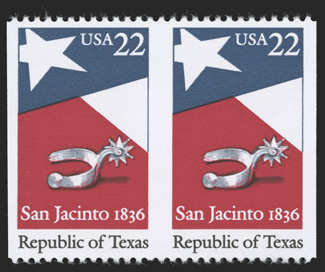 2204a, 22c Republic of Texas, imperforate vertically, select quality horizontal pair, exceptionally well centered and margined, o.g., n.h., extremely fine only 25 pairs exist
1990 PF certificate.