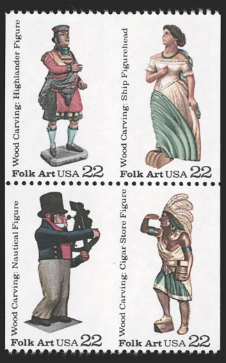 2243b, 22c Wood Carving se-tenant block of four, imperforate vertically, o.g., n.h., very fine an especially rare perforation error, with only 20 blocks thought to exist 1989
PF certificate.