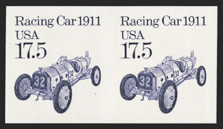 2262b, 17.5c Racing Car coil, imperforate, large well balanced margins, o.g., n.h., extremely fine the rarest of all the imperforate Transportation coil errors as, according
to Datz, only 26 pairs and three plate strips of three exist 1989 PF