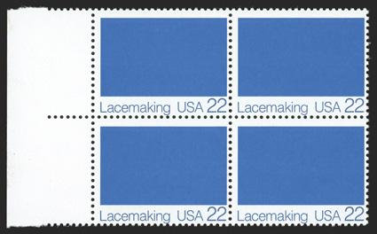 2354b, 22c Lacemaking se-tenant block, white omitted, left sheet-margin block, o.g., n.h., very fine 1990 PF certificate.