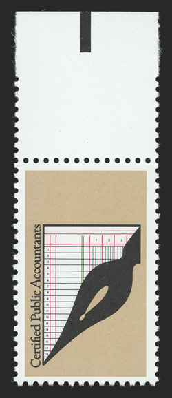 2361a, 22c Certified Public Accountants, black (engraved) omitted, top sheet-margin single, exceptionally well centered example, o.g., n.h., choice very
fine.