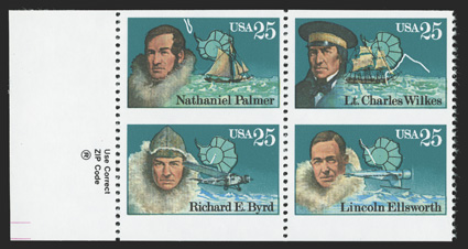 2389c, 25c Arctic Explorers se-tenant block of four, imperforate horizontally, select quality bottom left margin ZIP block of this very rare missing perforation error, well
centered, o.g., n.h., extremely fine according to Datz, only ten inta