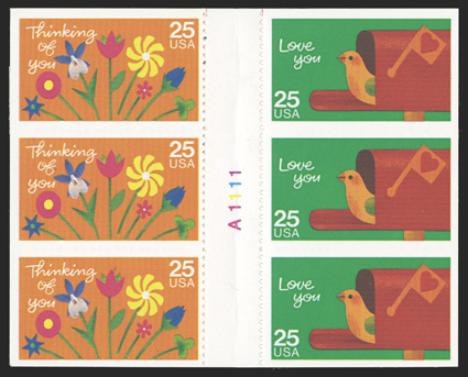 2398b, 25c Special Occasions booklet pane of six, imperforate horizontally, single error pane contained in a complete booklet of two panes (with 2396a), o.g., n.h., very fine
and rare this is the first example we have ever offered 1991 PF