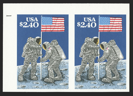 2419b, $2.40 Moon Landing 20th Anniversary, imperforate, top left corner sheet-margin pair, large margins all around, o.g., n.h., extremely fine and handsome 1990 PF
certificate.