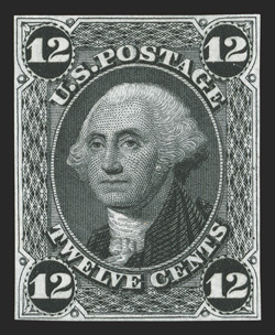 69-E4b, 12c Black, die essay on India, cut to shape, deep intense color and impression on bright paper, clear margins, very fine 1991 PF certificate ex-Lake
Shore.