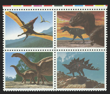 2425c, 25c Prehistoric Animals se-tenant block of four, black (engraving) omitted, top sheet-margin example of this popular error, possessing perfect centering which is most
difficult to find, as most have only fine centering, o.g., n.h., extrem