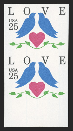 2440a, 25c Love, imperforate, bottom sheet-margin vertical pair, large margins, o.g., n.h., extremely fine and very scarce 1990 PF certificate.