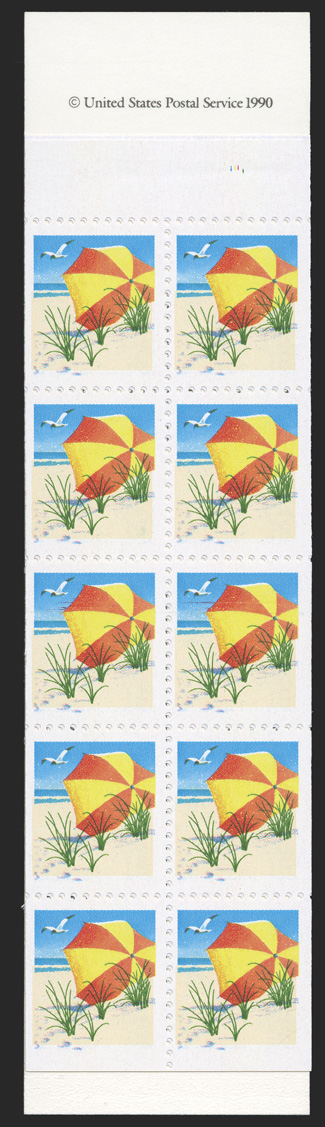 2443c, 15c Umbrella, booklet pane of ten, blue omitted, one such pane in a complete booklet with a normal pane, o.g., n.h., very fine and scarce 1990 PF
certificate.