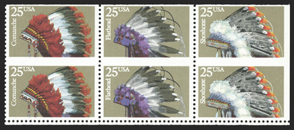 2505d, 25c Indian Headdresses, booklet pane of ten, horizontally imperforate in the middle, the booklet pane had been split at the fold and is now a block of four and a block
of six, o.g., n.h., fine-very fine according to Datz and Scott this