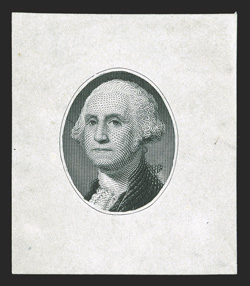 69-E5b var., 12c Black vignette essay with outer line around vignette, on white wove glazed paper, 25x29mm, which is the size all of these come, very fine 1992 PF
certificate.