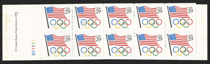 2528e, 29c Flag and Olympic rings, imperforate horizontally, five such pairs in a booklet pane of ten, which is still in the original complete booklet, o.g., n.h., very fine
and rare cataloged as five imperforate horizontally pairs 1991 PF