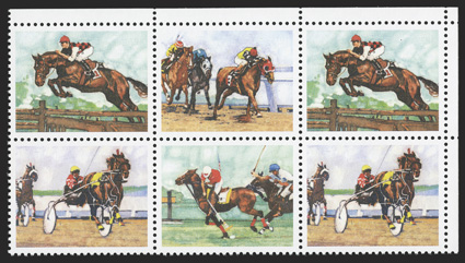 2759b, 29c Sporting Horses se-tenant block of four, engraved black omitted, top left corner margin block of six, well centered, o.g., n.h., extremely fine cataloged only as a
block of four.