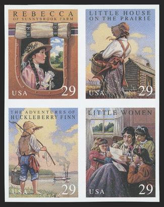 2788aP, 29c Classic Books se-tenant block of four, imperforate, uniformly large margins all around, o.g., n.h., very fine a rare and exceedingly handsome imperforate error
that is now classified a proof only ten to twenty se-tenant imperfora