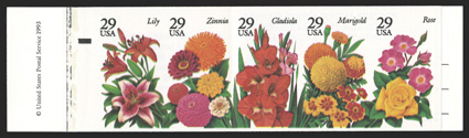 2833b, 29c Flowers, booklet pane of five, imperforate, still in the original booklet, though without the second pane, o.g., n.h., very fine only 16-20 panes reported 1994 PF
certificate.