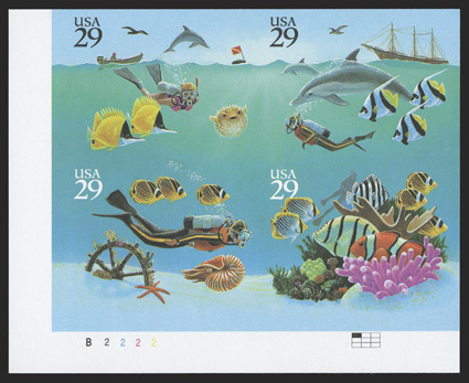 2866b, 29c Wonders of the Sea se-tenant block of four, imperforate, bottom left corner margin plate no. B2222 block of four, o.g., n.h., very fine only a few plate blocks
exist unpriced as a plate block, cataloged as a normal block 1995 PF ce