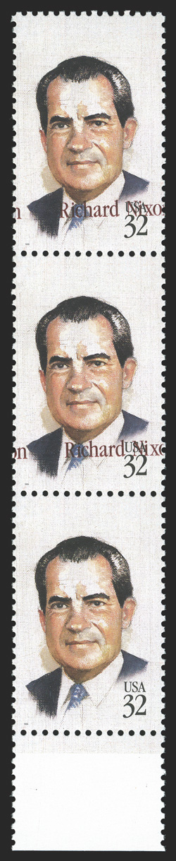 2955a, 32 Richard Nixon, red (engraved) omitted, error in a bottom margin vertical strip of three, the bottom stamp with the red completely omitted, the top stamps with the
red color present but strongly shifted, o.g., n.h., very fine particula