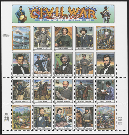 2975u, 32c Civil War pane of twenty, first row imperforate, second row part perforate, with the others being normally perforated, o.g., n.h., very fine a most unusual error
that is in all probability unique listed but not priced in Scott