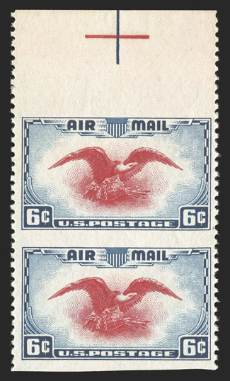 C23a, 6c Dark blue and carmine, imperforate horizontally, top sheet-margin pair with registration markers, quite fresh, o.g., n.h., very fine 1988 PF
certificate.