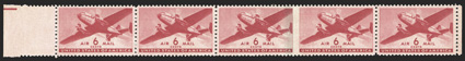 C25b, 6c Carmine red, horizontal pair, imperforate between, horizontal strip of five with the third and fourth stamps imperforate between, bright color, with a lightly blue
crayon Post Office rejection mark as is usually the case (and for which