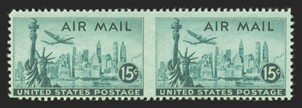 C35a, 15c Statue of Liberty, horizontal pair, imperforate between, centered to the bottom as are all known examples of this rare air post error, rich vibrant color, o.g.,
n.h., fine only twenty error pairs were ever produced 1991 PSE certi