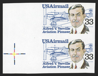 C113a, 33c Verville, imperforate, left margin vertical pair with registration marker, o.g., n.h., fresh, very fine and scarce 1990 PF certificate.