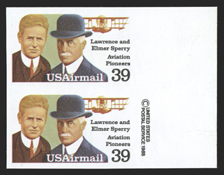 C114a, 39c Sperry, imperforate, right margin vertical pair with USPS copyright, large margined, o.g., n.h., trivial wrinklecrease in the bottom right selvage, extremely fine a
rarely offered air post error 1989 PF certificate.