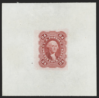 70-E1a, 70-E2a, 70-E3a, 70-E4a, 24c Washington, four different die essays in Dark carmine, each is approximately 64x64mm, three showing full die sinkage, very
fine.