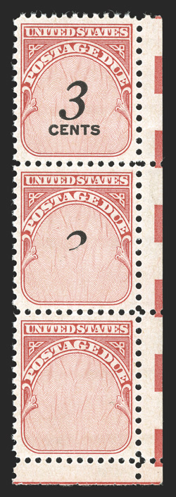 J91a, 3c Carmine rose, with 3 Cents omitted, bottom right margin vertical transition strip of three, the top stamp completely printed, the middle stamp partially printed and
the bottom stamp with 3 Cents completely omitted, o.g., n.h., extre