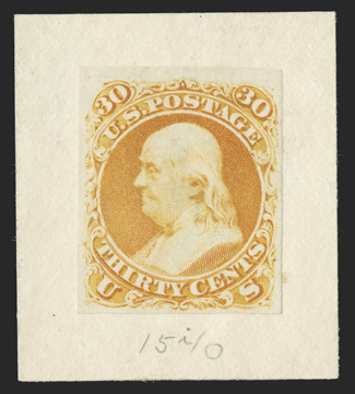 71-E2e, 30c Deep red orange plate essay on semi-transparent stamp paper, affixed to card, large margins, attractive color (noted as dim deep orange on the certificate), very
fine and scarce 1990 PF certificate.