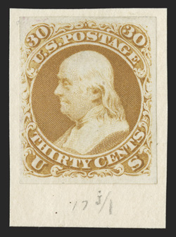 71-E2e, 30c Yellow orange plate essay on semi-transparent stamp paper, hinged to card, full to large margins, nice strong color (noted as deep yellow orange on the
certificate), very fine 1990 PF certificate.