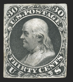 71-E2c, 30c Black plate essay on split thin card, cut close and thinned as always, very fine and quite elusive.