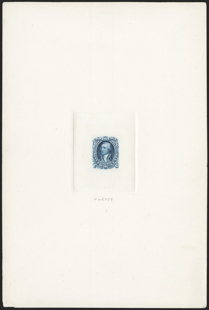 72P1, 90c Blue, large die proof on India, die sunk on full size 151x225mm card, deep color, card with trivial wrinkle in bottom left corner from mounting, very
fine.