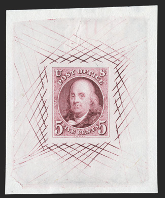 1TC1, 5c Franklin, large die trial color proof in Rose lake on India, 49x60mm die sunk with full cross-hatching, brilliantly fresh, shallow thin spot in the top selvage,
otherwise extremely fine an especially large size example ex-Bedford.