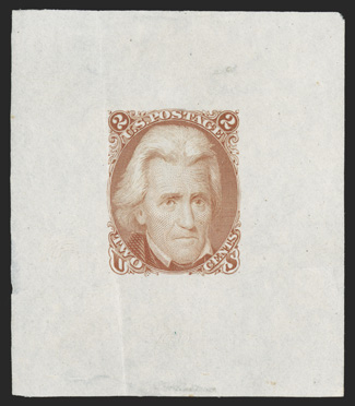 73TC1, 2c Dark orange, large die trial color proof on India, 51x59mm off card, strong color, light vertical crease and a tear at right, very fine appearance this is one of only
two examples known.