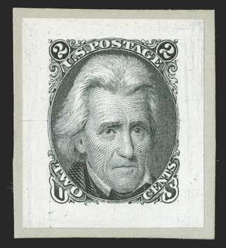 73aP2, 2c Black, die II, small die proof, fresh example with large balanced margins affixed to a neatly cut piece of the Roosevelt album page, extremely fine one of the rarest
of all the Roosevelt small die proofs 1986 PF certificate.