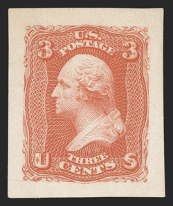 74P2a, 3c Scarlet, Panama-Pacific small die proof on wove, a remarkably fresh example of this rare proof, with brilliant color on clean untoned paper, large full margins,
extremely fine no more than five exist 1971 PF certificate.