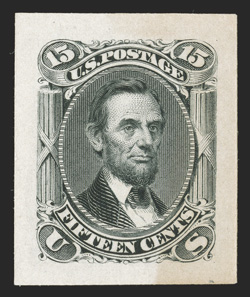 77P2a, 15c Black, Panama-Pacific small die proof on wove, large margins, faint toning on the right side as always, otherwise fresh and crisp, very fine no more than five
examples exist 1993 PF certificate.