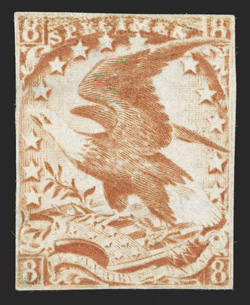 Brazer 57aEa, 8c Eagle essay in orange on white paper, ample margins, attractive color, thins, very fine appearance an enormously rare essay, being one of only two known 1991
PF certificate.