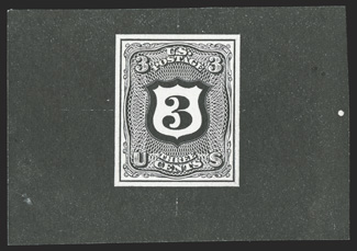 79-E28a, 3c Shield, untrimmed die essay in Black on stiff ivory paper, 63x43mm, very fine a scarce essay.