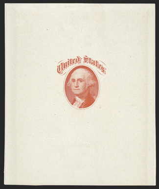 79-E36a, (5c) Washington vignette essay in Scarlet on white glazed paper, 56x63mm with die sinkage on three sides, bright color, very fine an unusually large size example, as
most are cut down quite smaller.