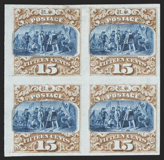 112P3-122P3, 1c-90c 1869 Pictorials, plate proofs on India cplt. in blocks of four, including both 15c types, several are sheet-margin blocks, four are mounted on card, bright
colors throughout, 129P3 block has trivial flaws, otherwise very fin