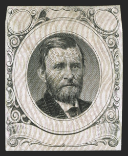 112-E1b, Undenominated George T. Jones essay of Grant in Black on India, with pale red violet safety overprint, full margins, very fine the George T. Jones essays are among the
rarest of the 1869 Pictorials, with only a handful of each known.