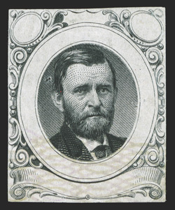 112-E1b, Undenominated George T. Jones essay of Grant in Black on India, similar to the above lot but with light violet safety overprint over the bottom third of the essay,
full margins, pinhole to the left of Grants head, very fine appearance
