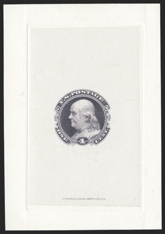 112-E4a, 1c Deep violet small numeral die essay on India, die sunk on 56x80mm card, National Bank Note Co. imprint at bottom, extraordinarily fresh, with strong color and
impression on pristine paper and card, extremely fine ex-Earl of Crawfo