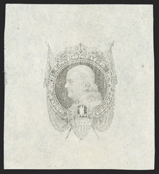112-E5 var., 1c Gray draped Franklin die essay on stamp paper, similar to the listed essay but not perforated or gummed (undoubtedly rare thus), 46x51mm, tiny trace of a thin
speck in the far left margin (easily trimmed), very fine cataloged as