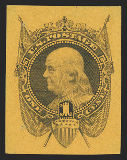 112-E5 var., 1c Black draped Franklin die essay on yellow proof paper, 27x34mm, strong impression on bright paper, two tiny pinholes, very fine a rare essay that is not listed
in Scott or Brazer.