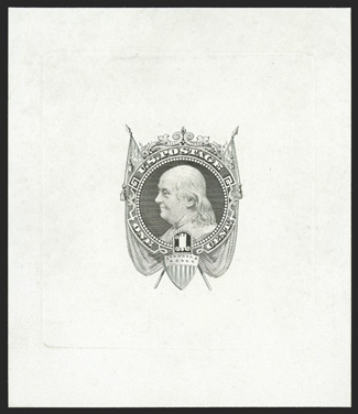 112-E5b, 1c Black draped Franklin die essay on white ivory paper, 64x75mm, with full die sinkage, miniscule thin speck at top, very fine and exceedingly scarce ex-Lake
Shore.