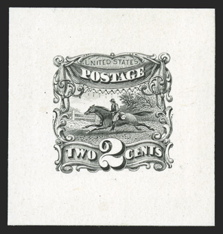 113TC1, 2c Black large die trial color proof on India, 35x37mm on card, wonderfully fresh, tiny almost imperceptible surface scrape, very fine a rarely seen proof, being the
first such example we have ever offered 1996 PF certificate.